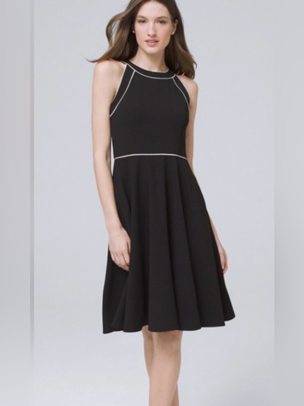 White House Black Market Women's Black Fit-and-Flare Dress with Contrast Piping